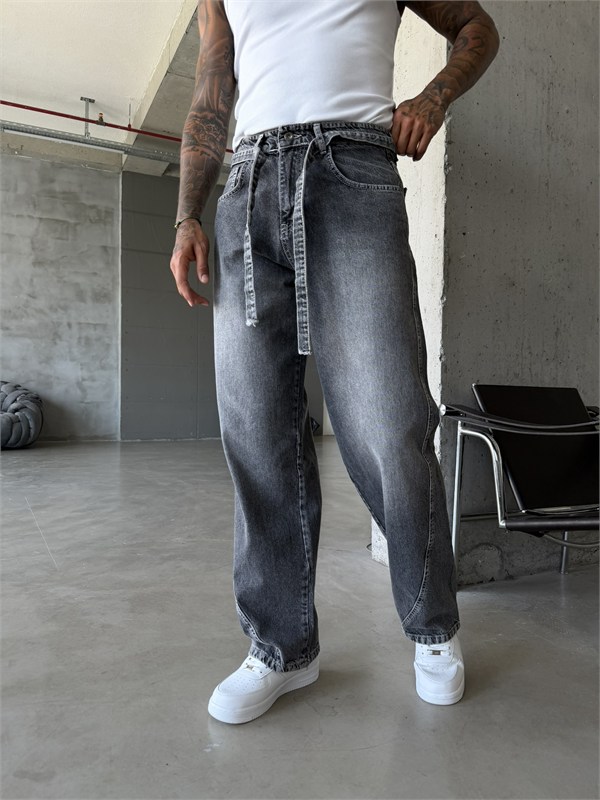Bel Kemer Detaylı Premium Baggy Pantolon - Gri