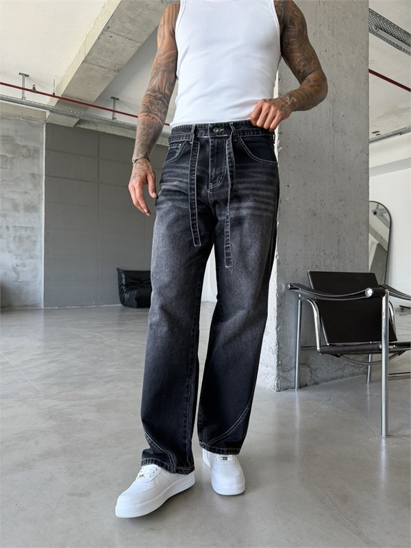 Bel Kemer Detaylı Premium Baggy Pantolon - Füme