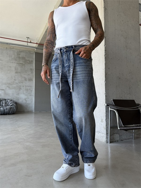 Bel Kemer Detaylı Premium Baggy Pantolon - Mavi