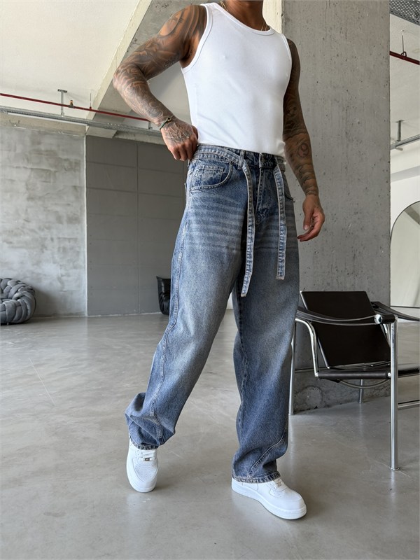 Bel Kemer Detaylı Premium Baggy Pantolon - Mavi