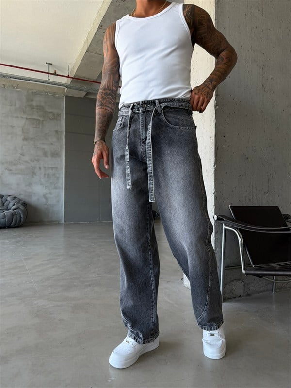 Bel Kemer Detaylı Premium Baggy Pantolon - Gri
