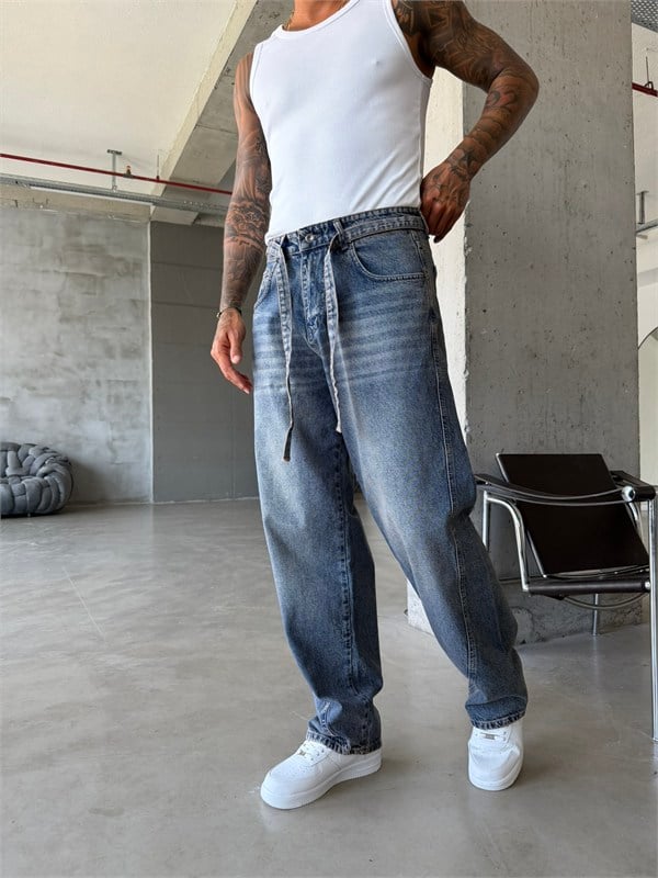 Bel Kemer Detaylı Premium Baggy Pantolon - Mavi