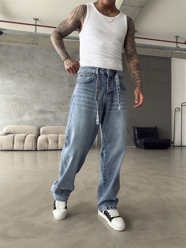 Bel Kemer Detaylı Premium Baggy Pantolon - İndigo