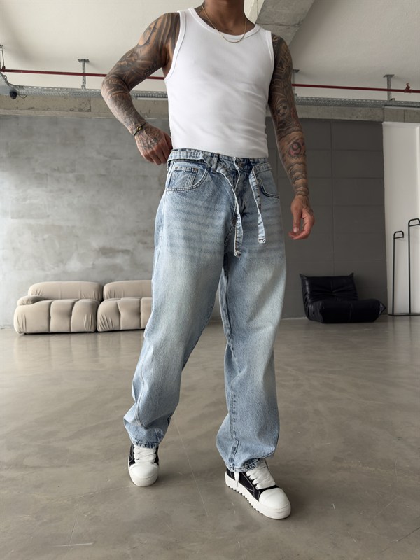 Bel Kemer Detaylı Premium Baggy Pantolon - Mavi