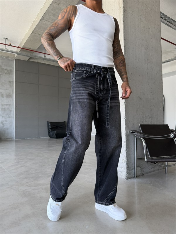 Bel Kemer Detaylı Premium Baggy Pantolon - Füme