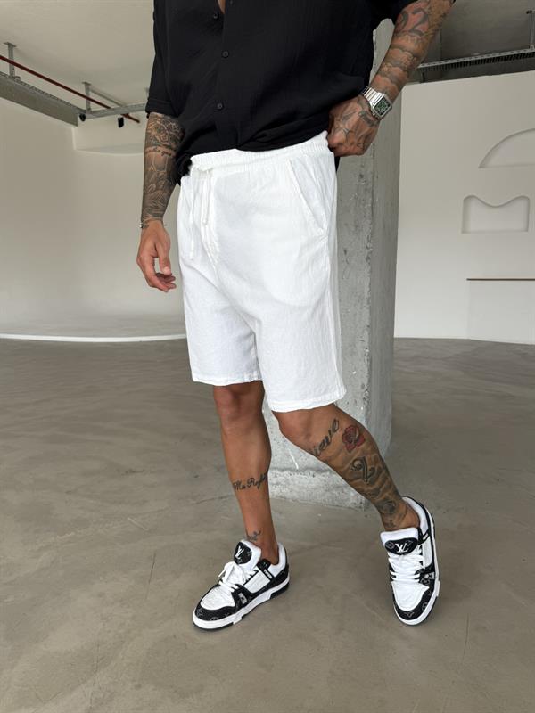 Bel Lastikli Keten Şort - Beyaz