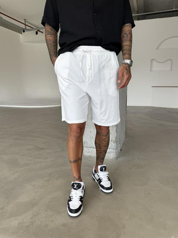 Bel Lastikli Keten Şort - Beyaz