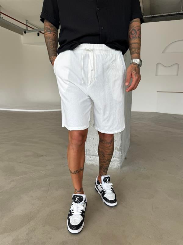 Bel Lastikli Keten Şort - Beyaz