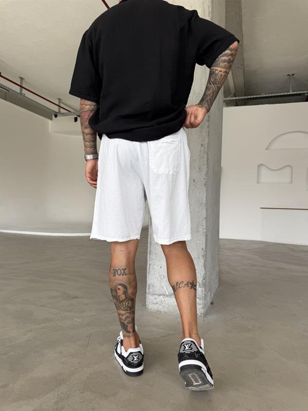 Bel Lastikli Keten Şort - Beyaz