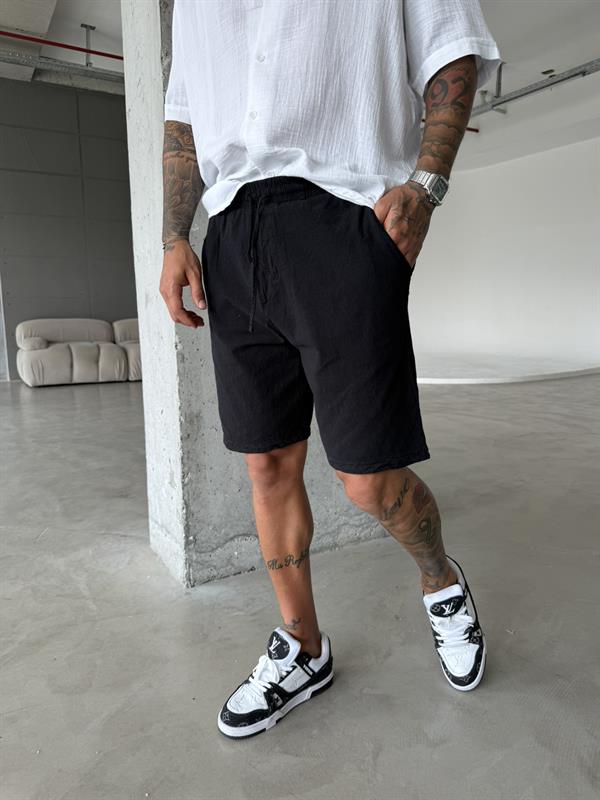 Bel Lastikli Keten Şort - Siyah