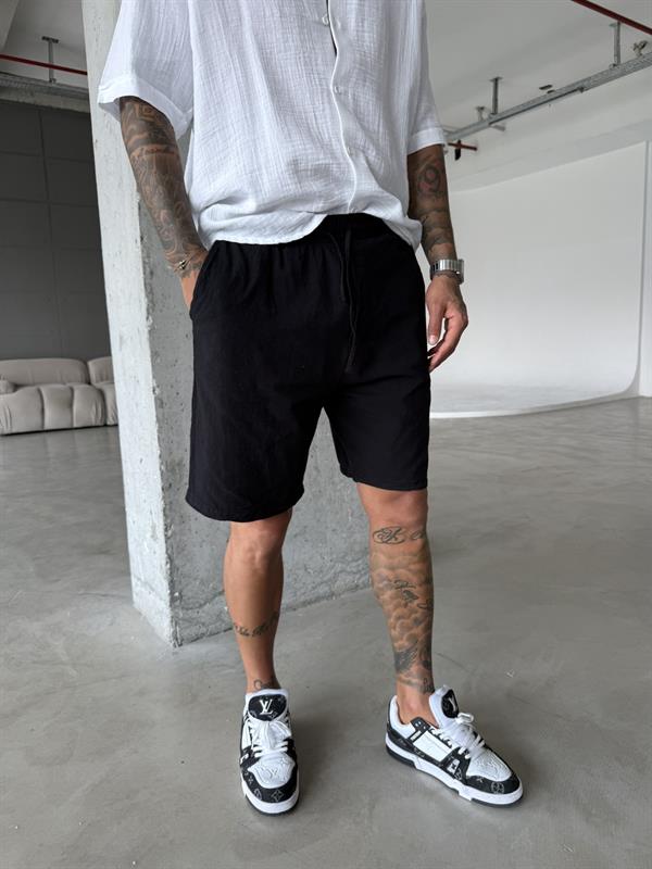 Bel Lastikli Keten Şort - Siyah