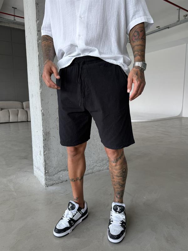 Bel Lastikli Keten Şort - Siyah