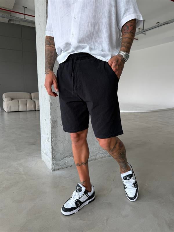 Bel Lastikli Keten Şort - Siyah