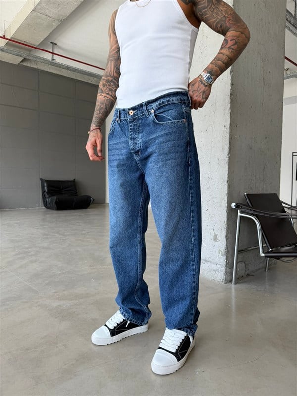 Beyaz Dikiş Detaylı Basic Baggy Fit Pantolon - Lacivert