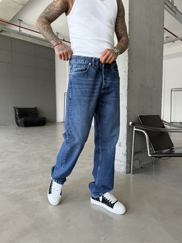 Beyaz Dikiş Detaylı Basic Baggy Fit Pantolon - Lacivert