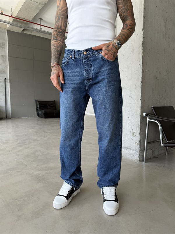 Beyaz Dikiş Detaylı Basic Baggy Fit Pantolon - Lacivert