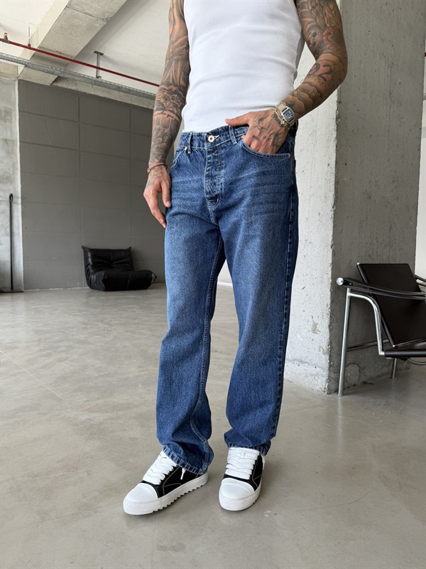 Beyaz Dikiş Detaylı Basic Baggy Fit Pantolon - Lacivert