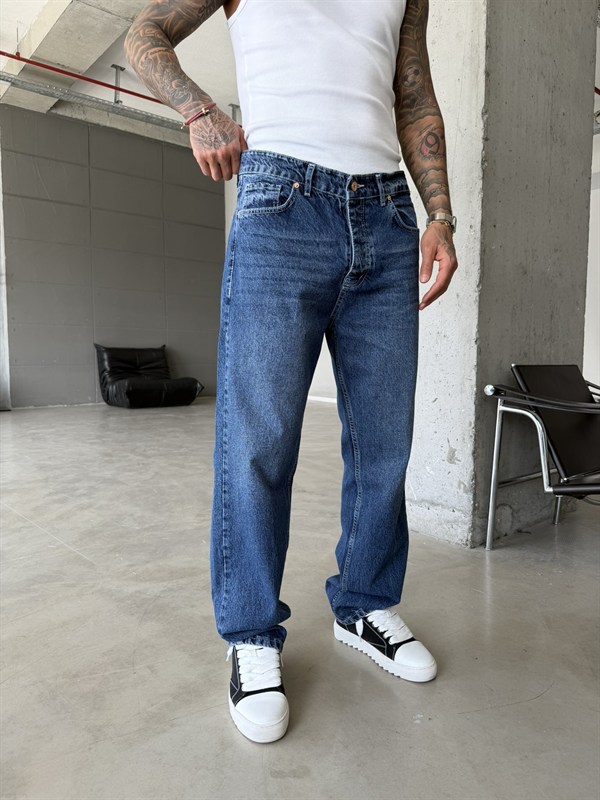Beyaz Dikiş Detaylı Basic Baggy Fit Pantolon - Lacivert
