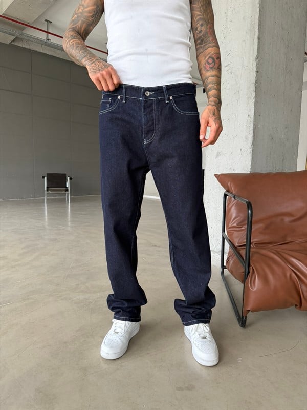 Beyaz Dikişli Premium Baggy Pantolon - Lacivert