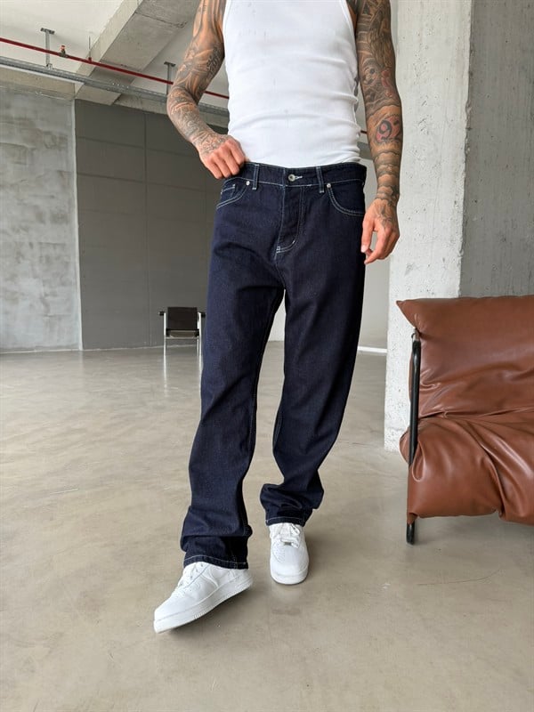 Beyaz Dikişli Premium Baggy Pantolon - Lacivert