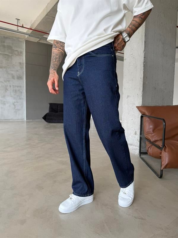 Beyaz İp Detaylı Relax Baggy Pantolon - Lacivert