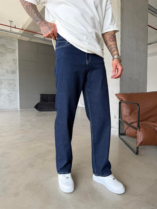 Beyaz İp Detaylı Relax Baggy Pantolon - Lacivert