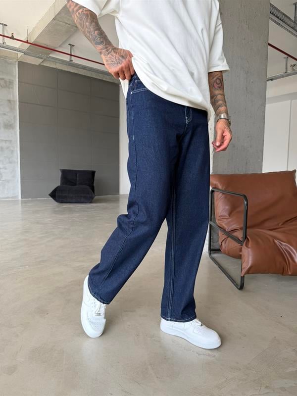 Beyaz İp Detaylı Relax Baggy Pantolon - Lacivert