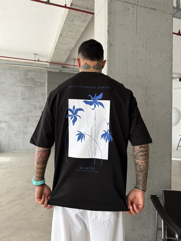Blue Flowers Oversize T-Shirt - Siyah