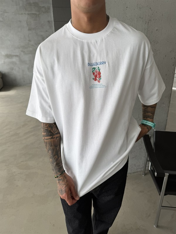 BlueBerry Nakışlı Premium T-Shirt - Beyaz