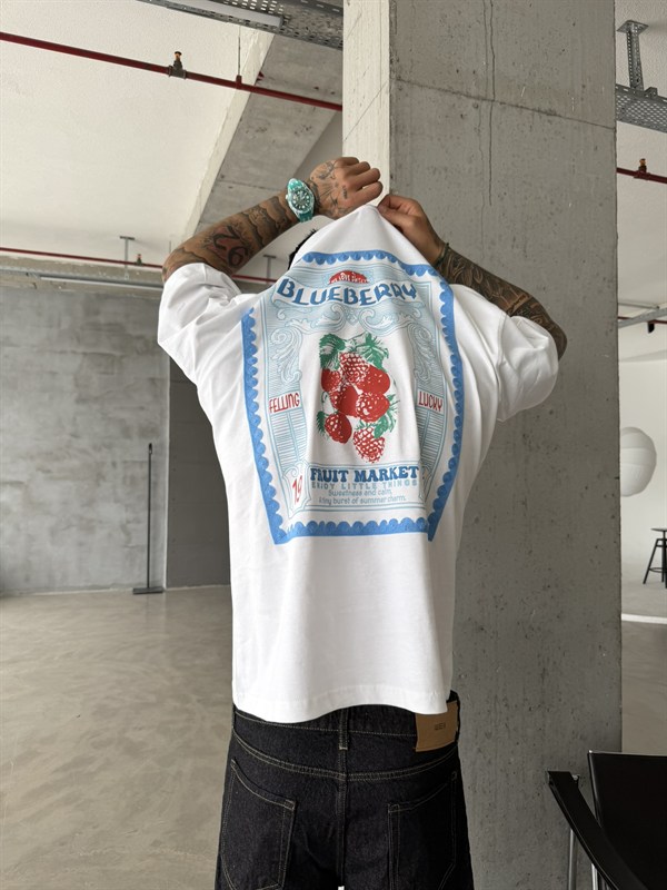 BlueBerry Nakışlı Premium T-Shirt - Beyaz