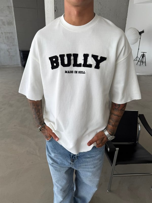 BULLY Premium Yıkamalı Nakış İşleme T-Shirt - Beyaz