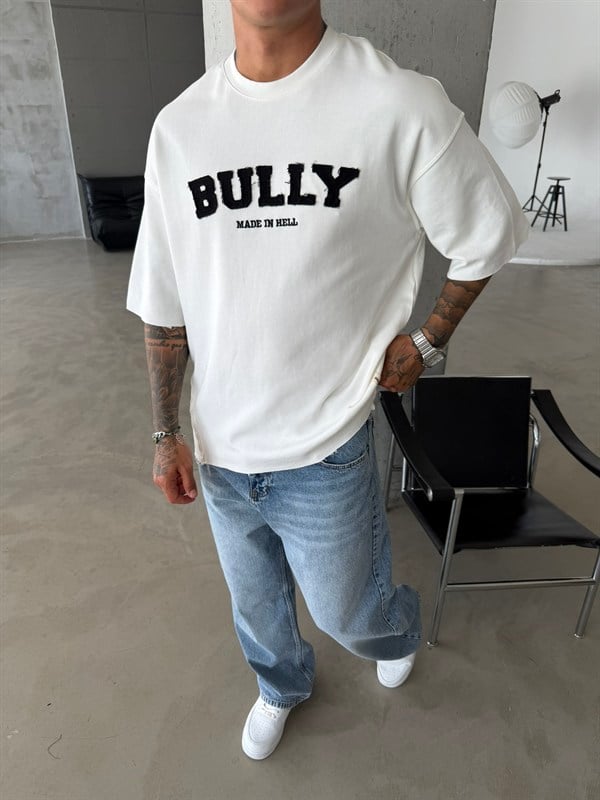 BULLY Premium Yıkamalı Nakış İşleme T-Shirt - Beyaz