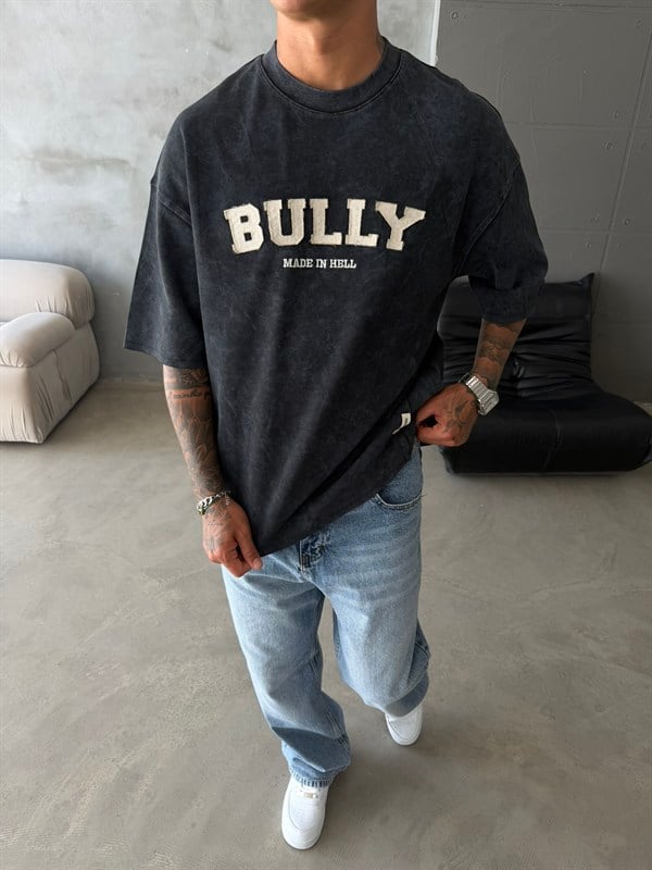 BULLY Premium Yıkamalı Nakış İşleme T-Shirt - Siyah