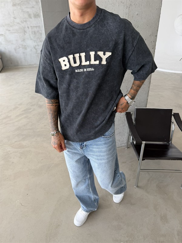 BULLY Premium Yıkamalı Nakış İşleme T-Shirt - Siyah