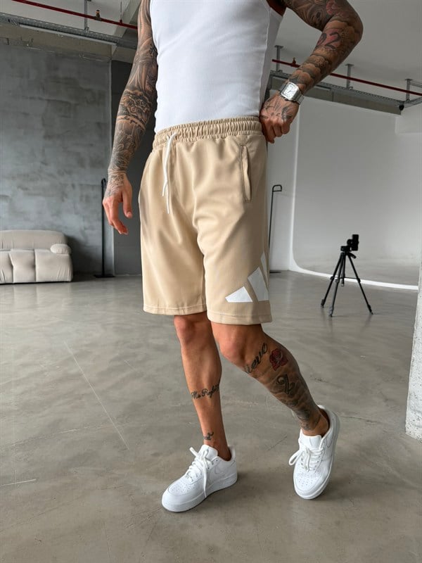 Büyük AD Baskılı Şort - Bej