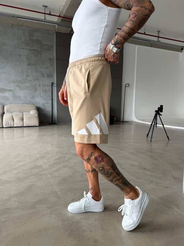 Büyük AD Baskılı Şort - Bej