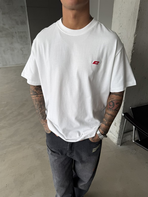 C Nakışlı Premium Basic T-Shirt - Beyaz