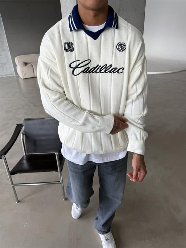 Cadillac Nakışlı Polo Yaka Triko - Beyaz