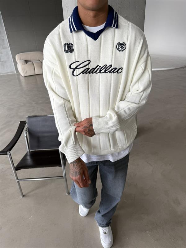 Cadillac Nakışlı Polo Yaka Triko - Beyaz