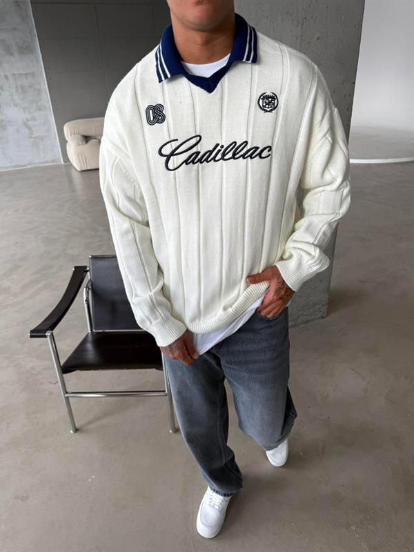 Cadillac Nakışlı Polo Yaka Triko - Beyaz