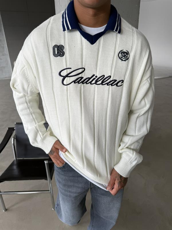 Cadillac Nakışlı Polo Yaka Triko - Beyaz