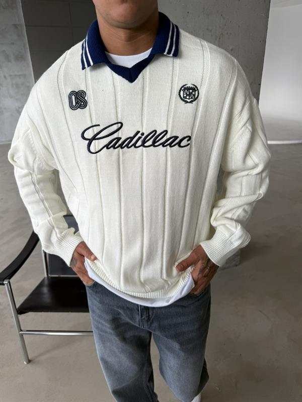 Cadillac Nakışlı Polo Yaka Triko - Beyaz