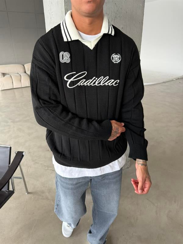 Cadillac Nakışlı Polo Yaka Triko - Siyah