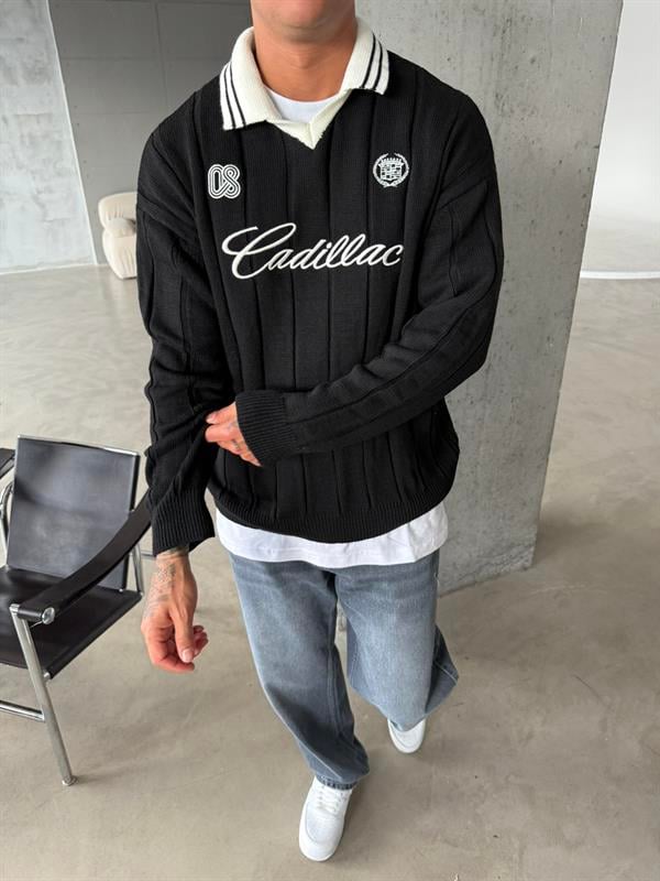 Cadillac Nakışlı Polo Yaka Triko - Siyah