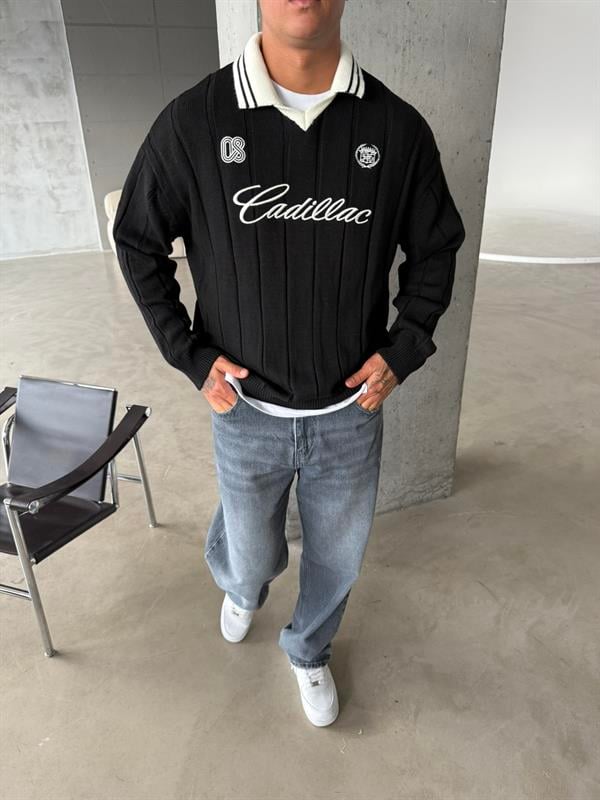 Cadillac Nakışlı Polo Yaka Triko - Siyah