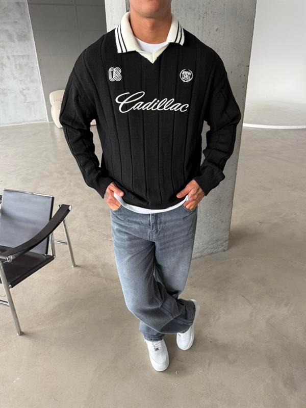 Cadillac Nakışlı Polo Yaka Triko - Siyah