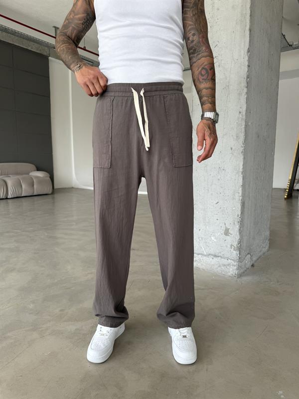 Cep Detaylı Keten Pantolon - Kahve