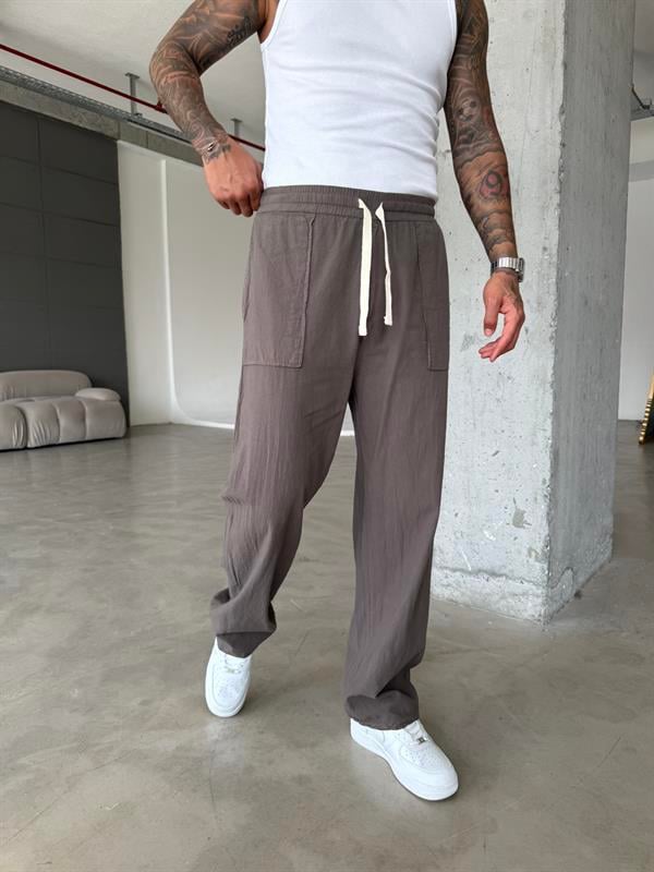 Cep Detaylı Keten Pantolon - Kahve