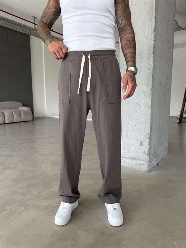 Cep Detaylı Keten Pantolon - Kahve