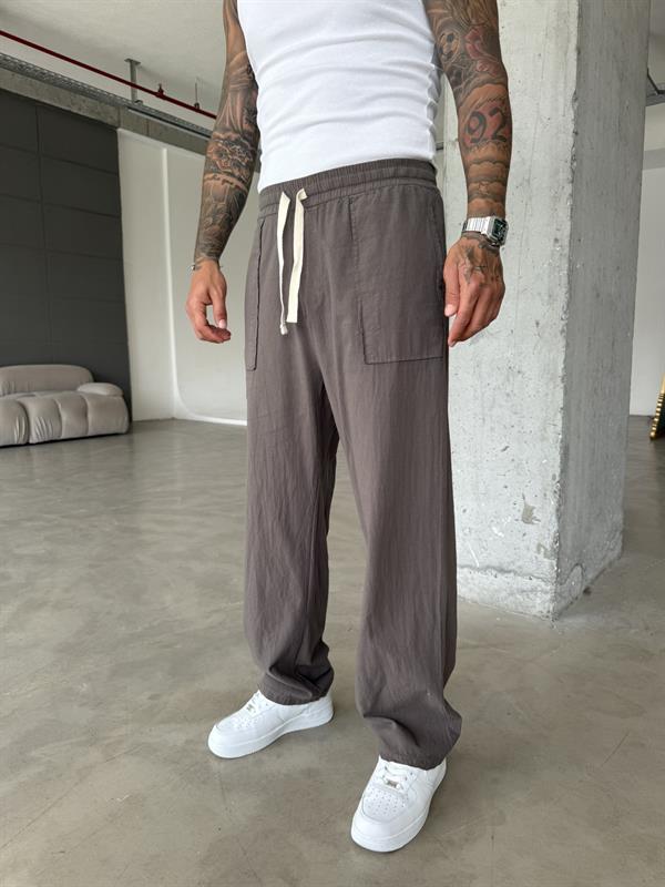 Cep Detaylı Keten Pantolon - Kahve